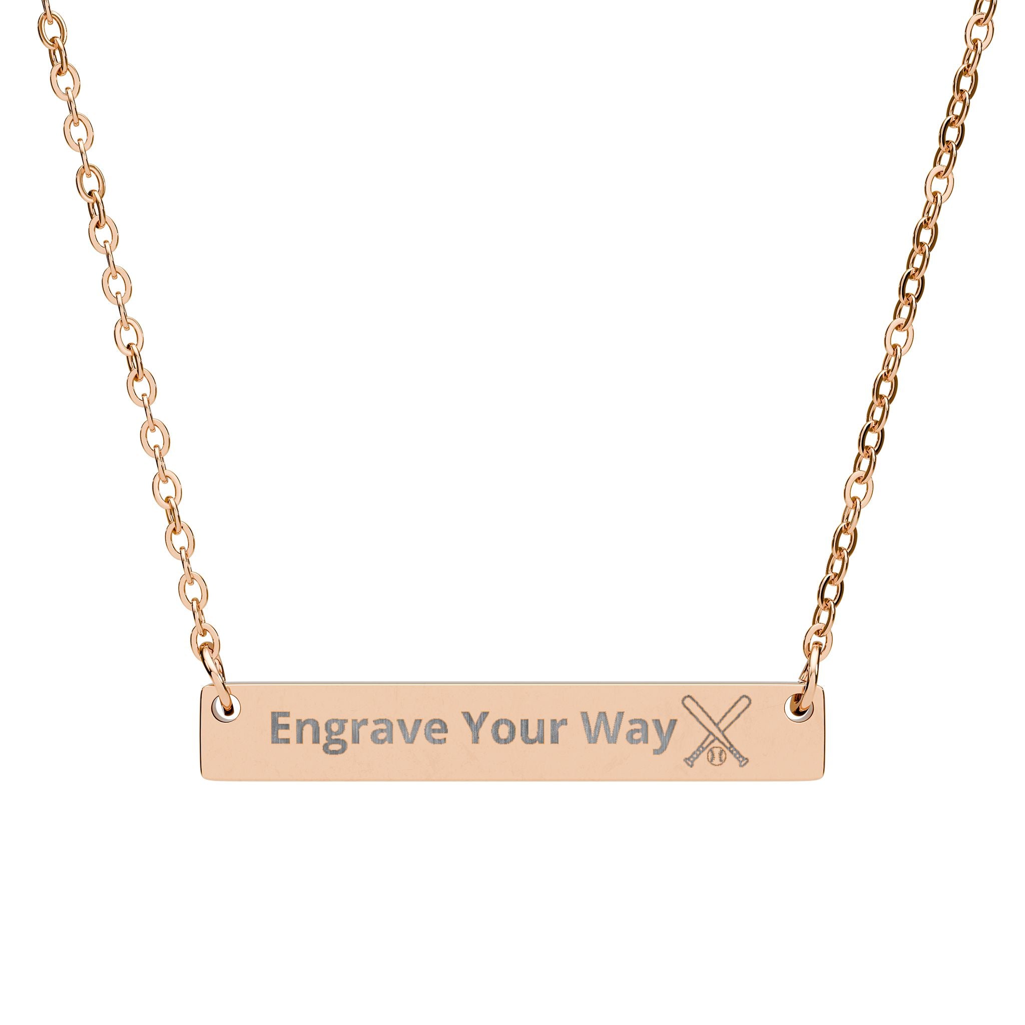 Rose gold necklace with custom engraving and a crossed baseball bat and ball icon  on a white background