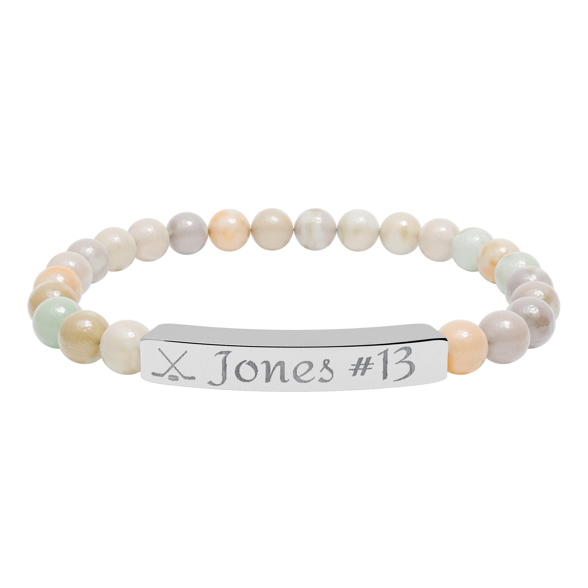 Beaded bracelet with a nameplate on a white background