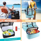 Keylunch cooler bag with storage space and zipper compartment on a beach and car background.