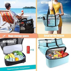 Keylunch cooler bag with storage space and zipper compartment on a beach and car background.