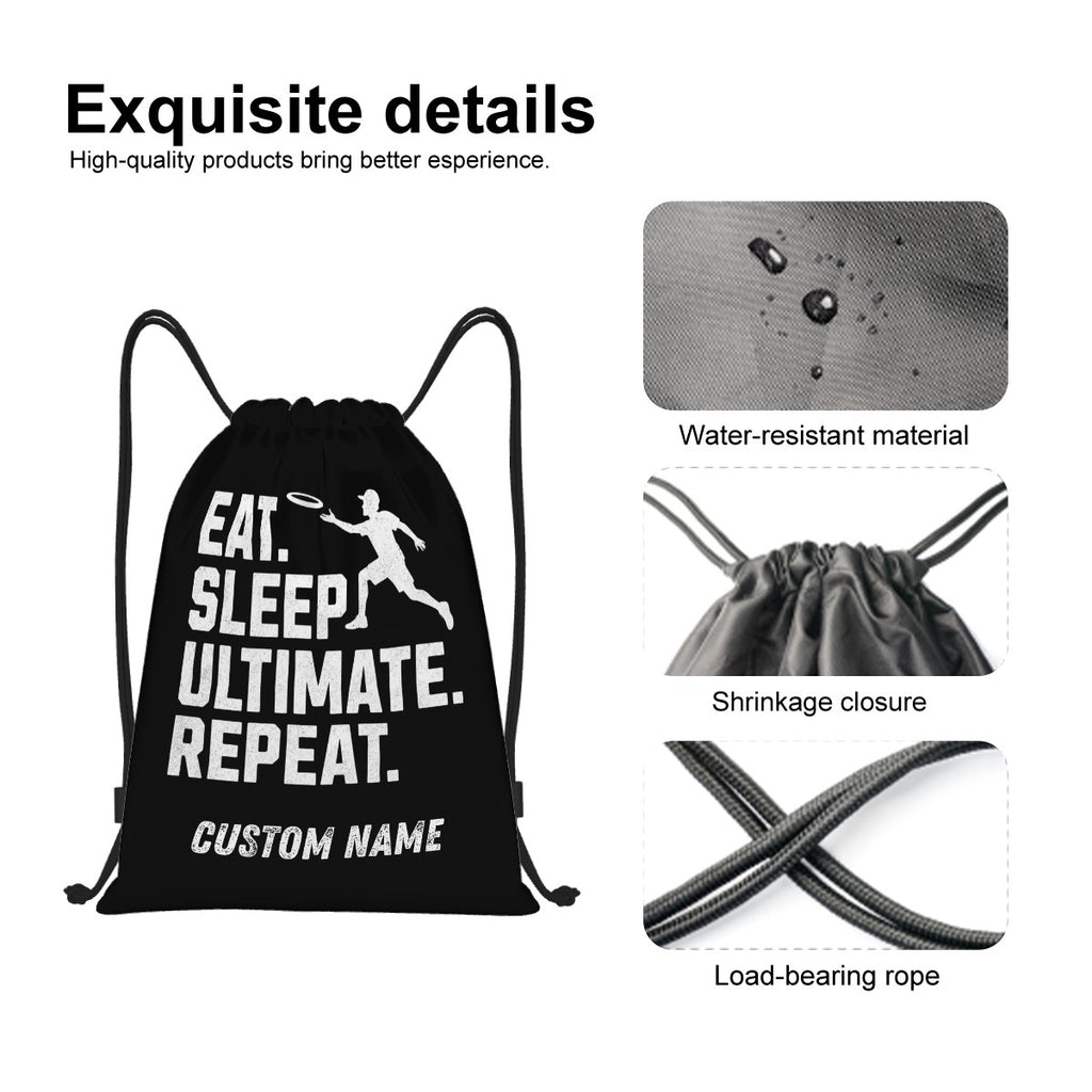 Black drawstring bag with text and water-resistant material feature on a white background