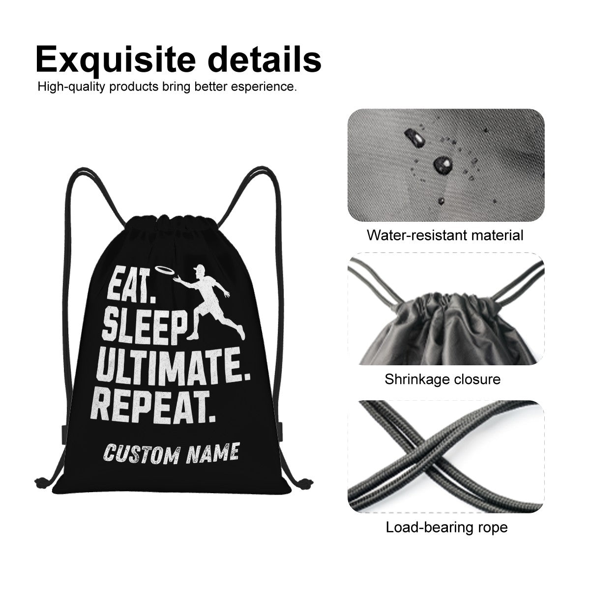 Black drawstring bag with text and water-resistant material feature on a white background