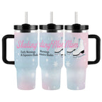 Three views of an insulated travel mugs with handles, featuring 'Skating Mom' text and graphics on a gradient background.