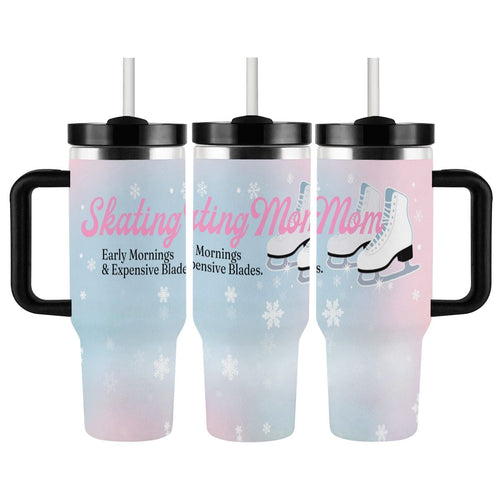 Three views of an insulated travel mugs with handles, featuring 'Skating Mom' text and graphics on a gradient background.