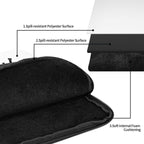 Black laptop cover with labeled features on a white background