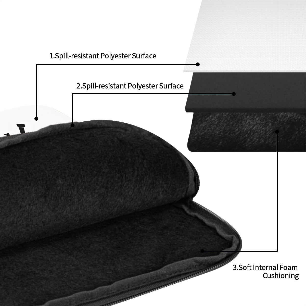 Black laptop cover with labeled features on a white background