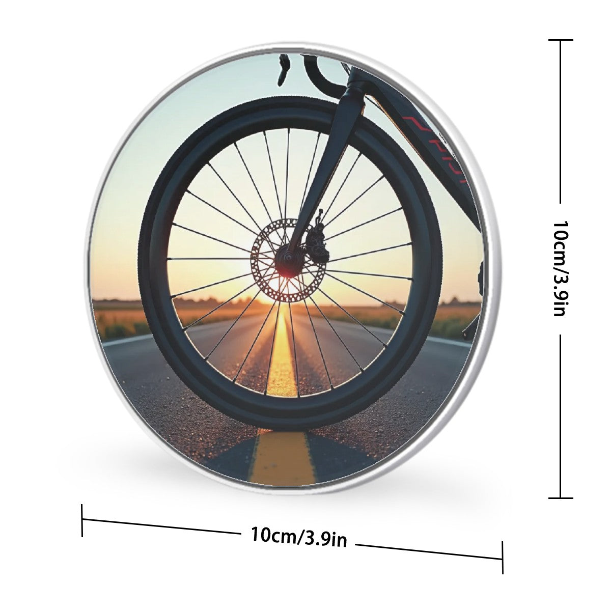 Bicycle wheel with a scenic road through spokes on a white background