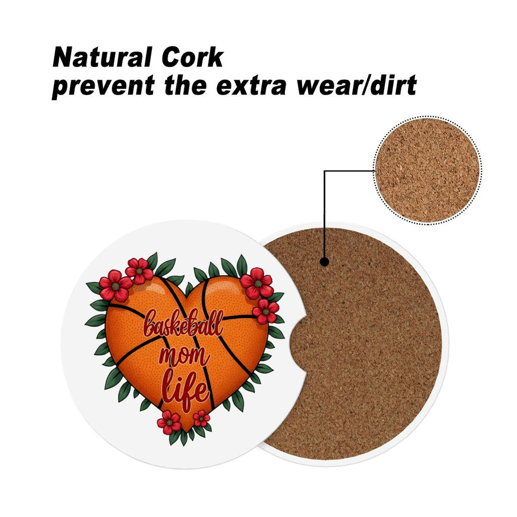 Basketball Mom Car Coasters – 2 Pack Ceramic Absorbent Cup Holder Inserts with Cork Base - Magnolia Wild SC
