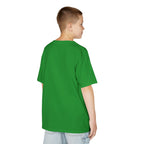 Person wearing a green t-shirt on a white background