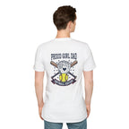 Person wearing a white t-shirt with 'Proud Girl Dad' graphic design on a white background