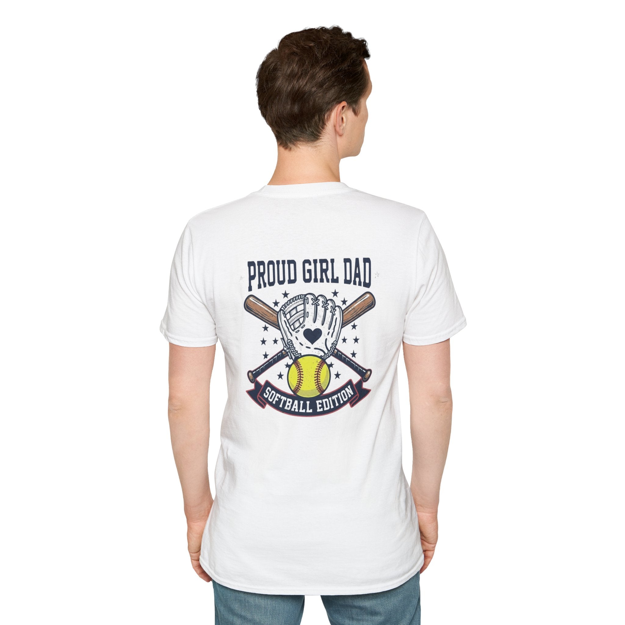 Person wearing a white t-shirt with 'Proud Girl Dad' graphic design on a white background