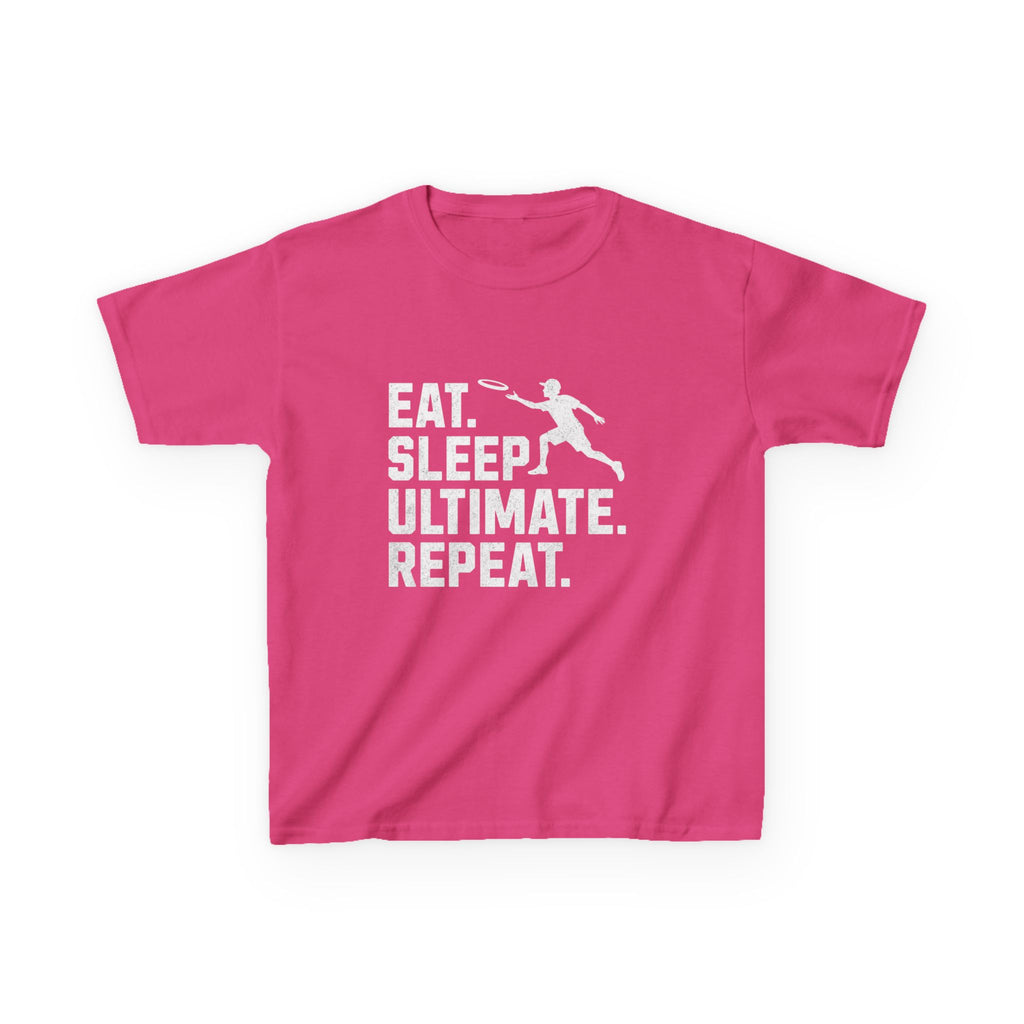 Pink t-shirt with 'Eat. Sleep. Ultimate. Repeat.' text and graphic on a white background