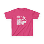 Pink t-shirt with 'Eat. Sleep. Ultimate. Repeat.' text and graphic on a white background