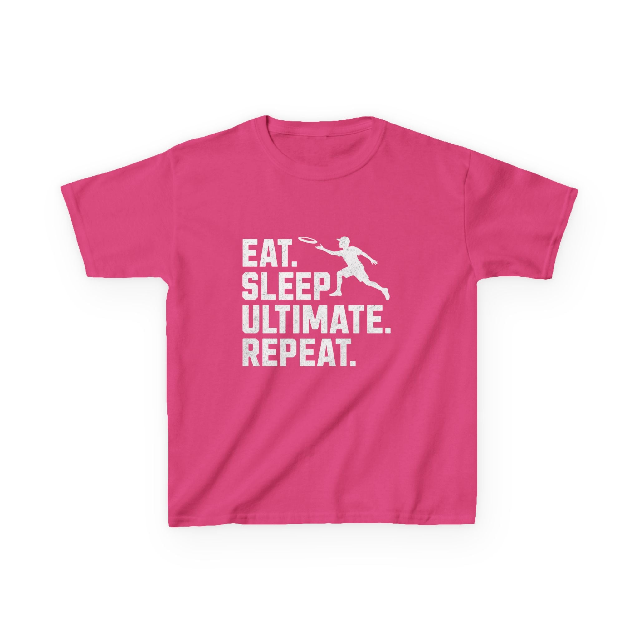 Pink t-shirt with 'Eat. Sleep. Ultimate. Repeat.' text and graphic on a white background