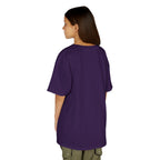 Person wearing a purple t-shirt on a white background