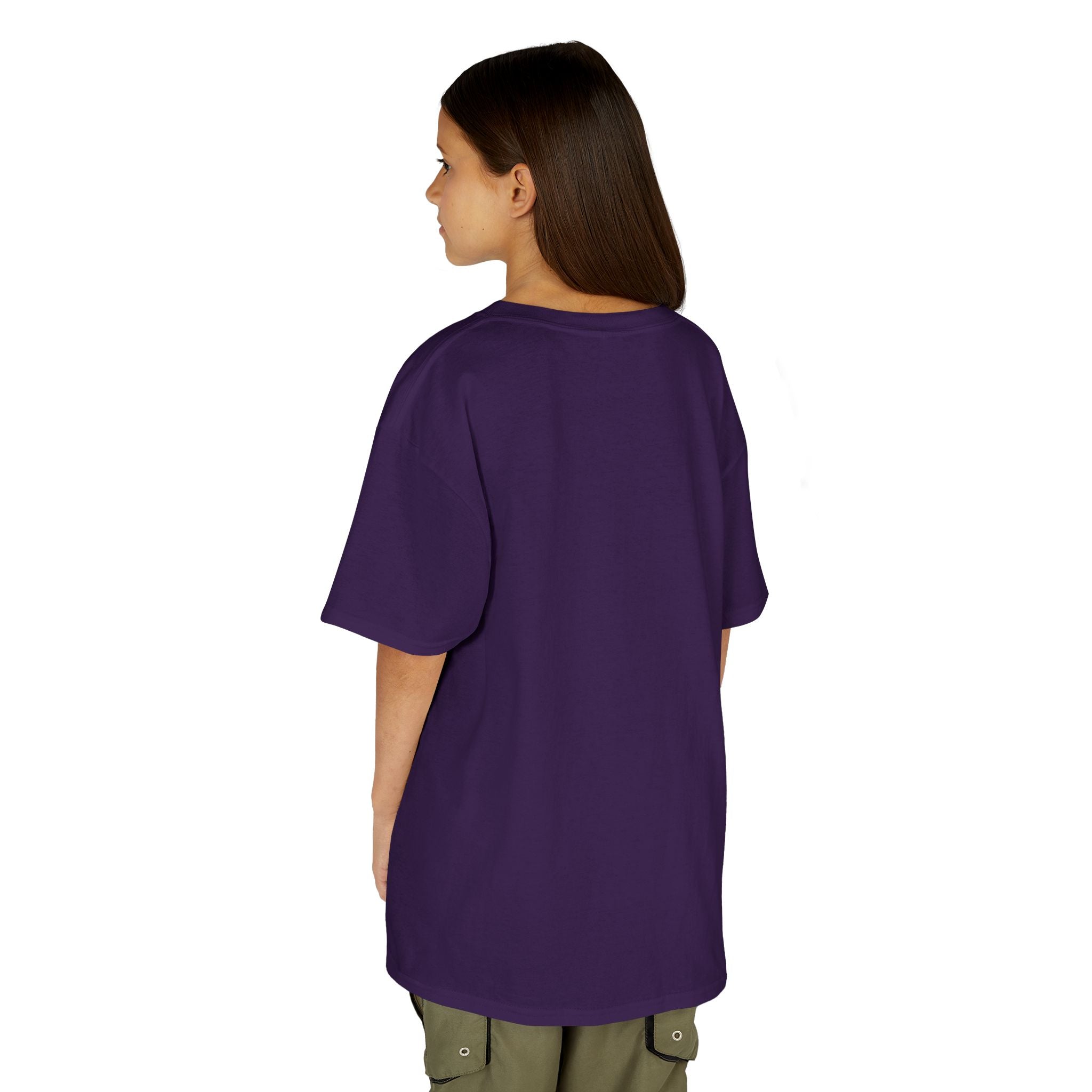 Person wearing a purple t-shirt on a white background