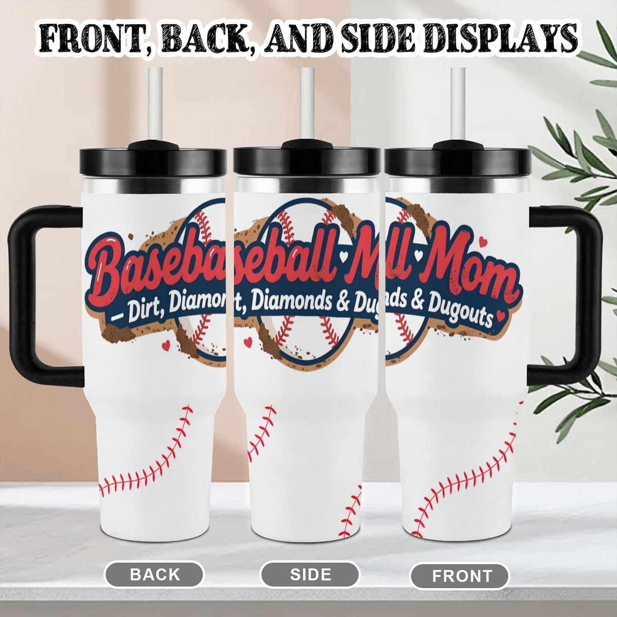 Baseball Mom "Dirt, Diamonds & Dugouts" 40oz Insulated Tumbler with Handle and Straw - Magnolia Wild SC