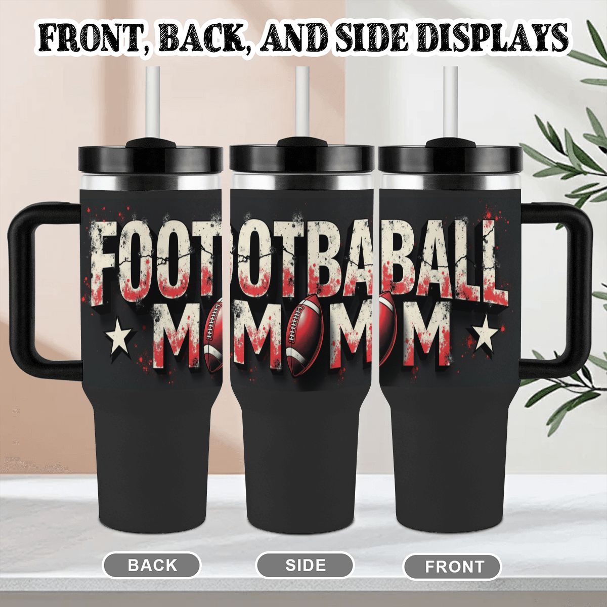 Grunge Style Football Mom 40oz Insulated  Tumbler with Handle and Straw - Magnolia Wild SC