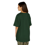 Person wearing a green t-shirt on a white background