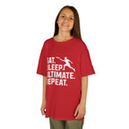 Child wearing a red t-shirt with 'Eat. Sleep. Ultimate. Repeat.' text and graphic on a white background