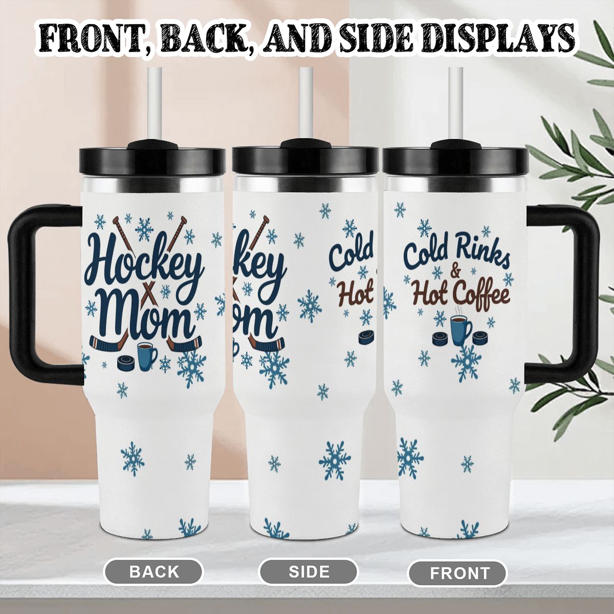 Three views of a travel mug with 'Hockey Mom' and 'Cold Rinks & Hot Coffee' designs on a neutral background with snowflakes.