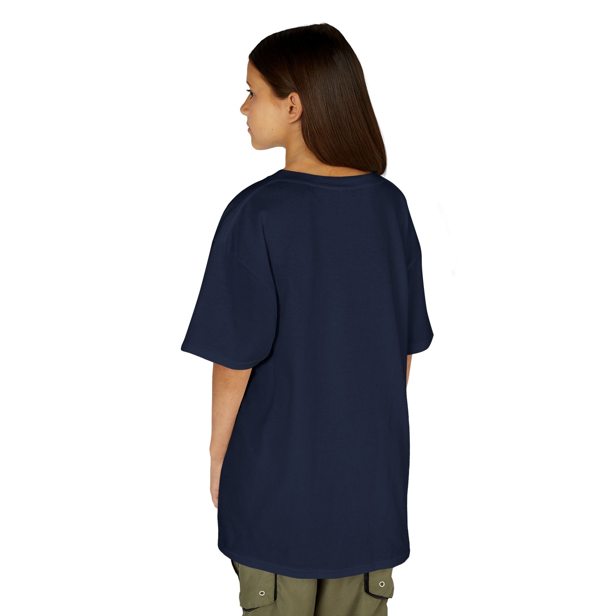 Person wearing a navy blue t-shirt on a white background