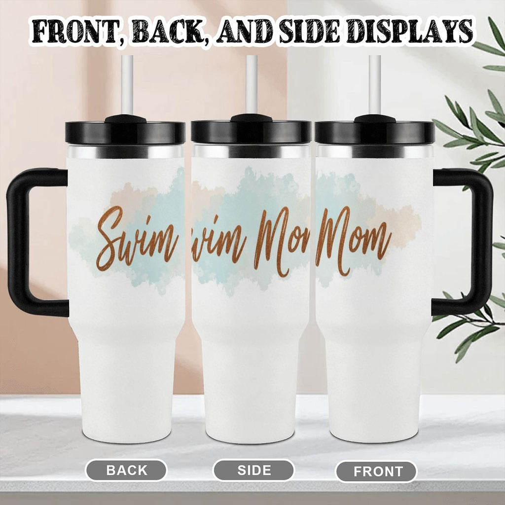 Three white tumblers with 'Swim Mom' text on a neutral background