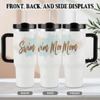 Three white tumblers with 'Swim Mom' text on a neutral background