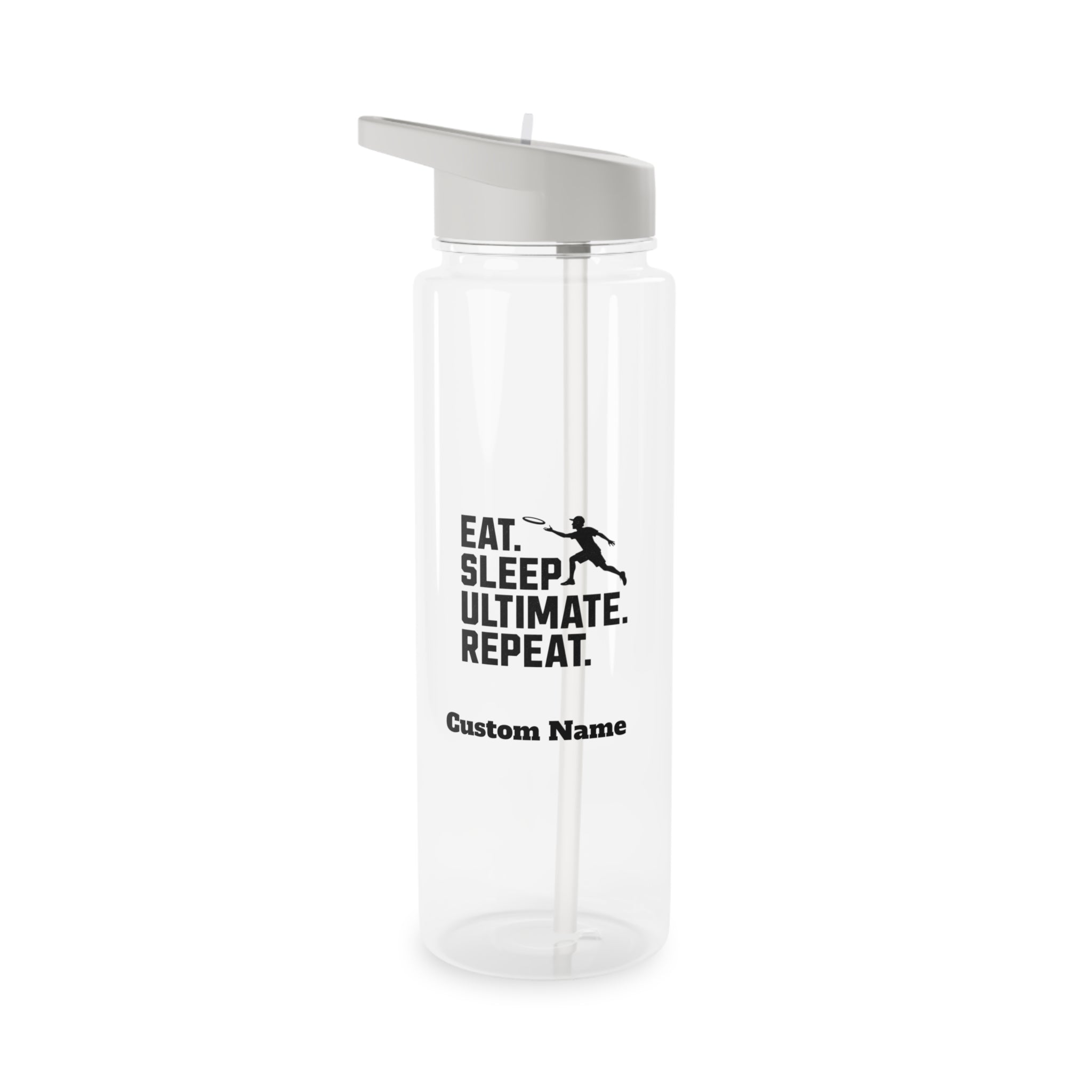 Clear water bottle with white cap and black text on a white background
