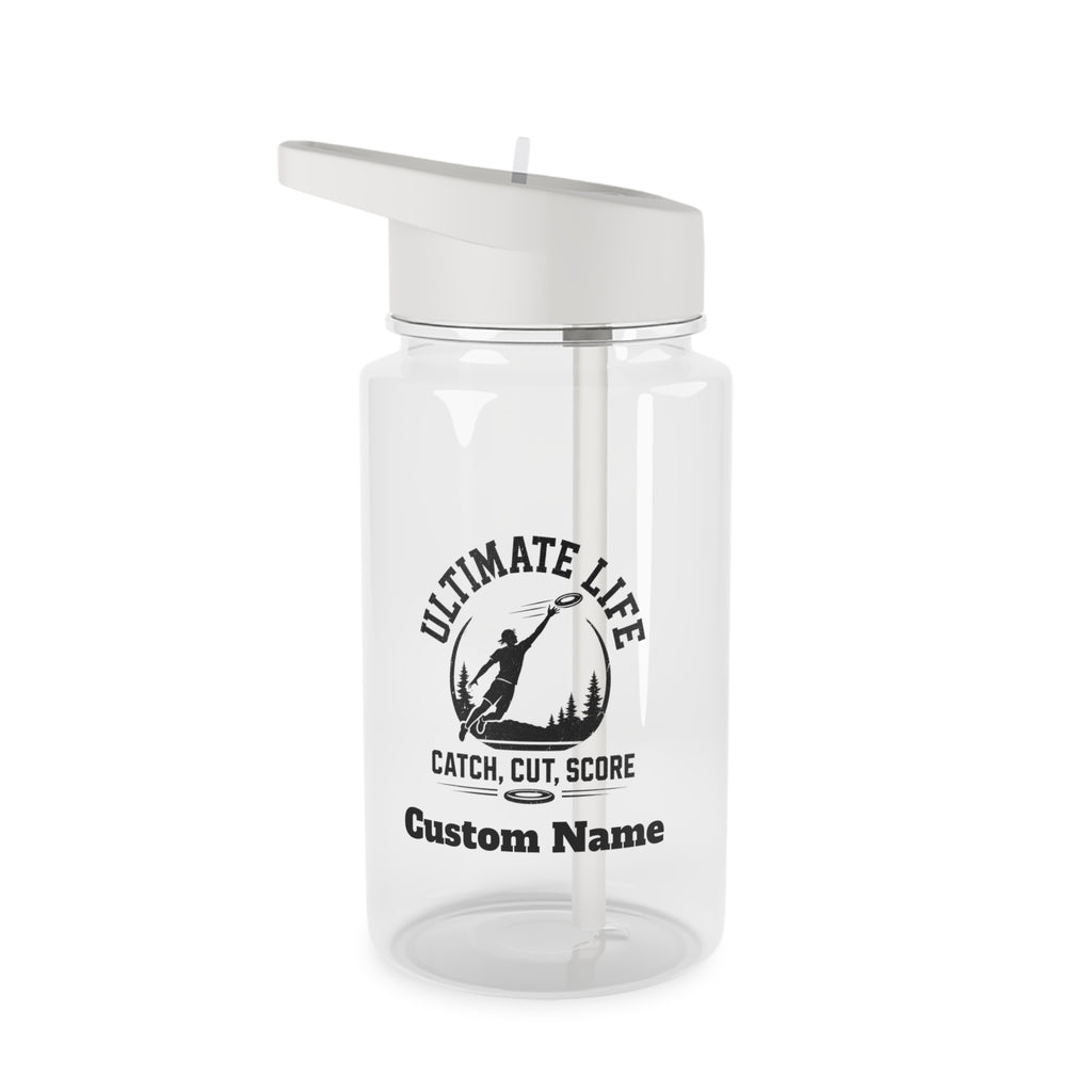 Clear water bottle with white cap and ultimate frisbee graphic design on a white background