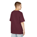 Person wearing a maroon t-shirt on a white background