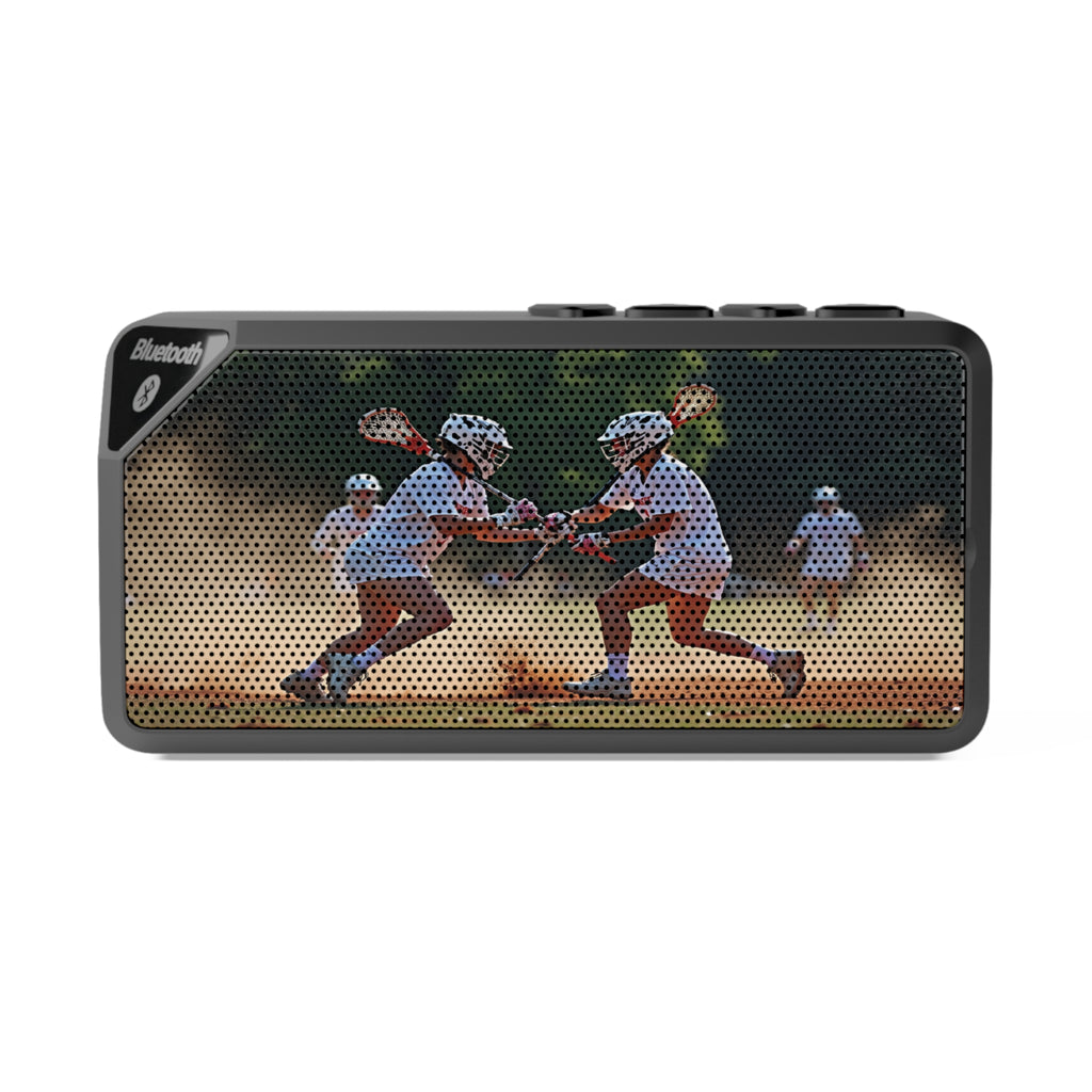 Bluetooth speaker with a design of lacrosse players running on a field