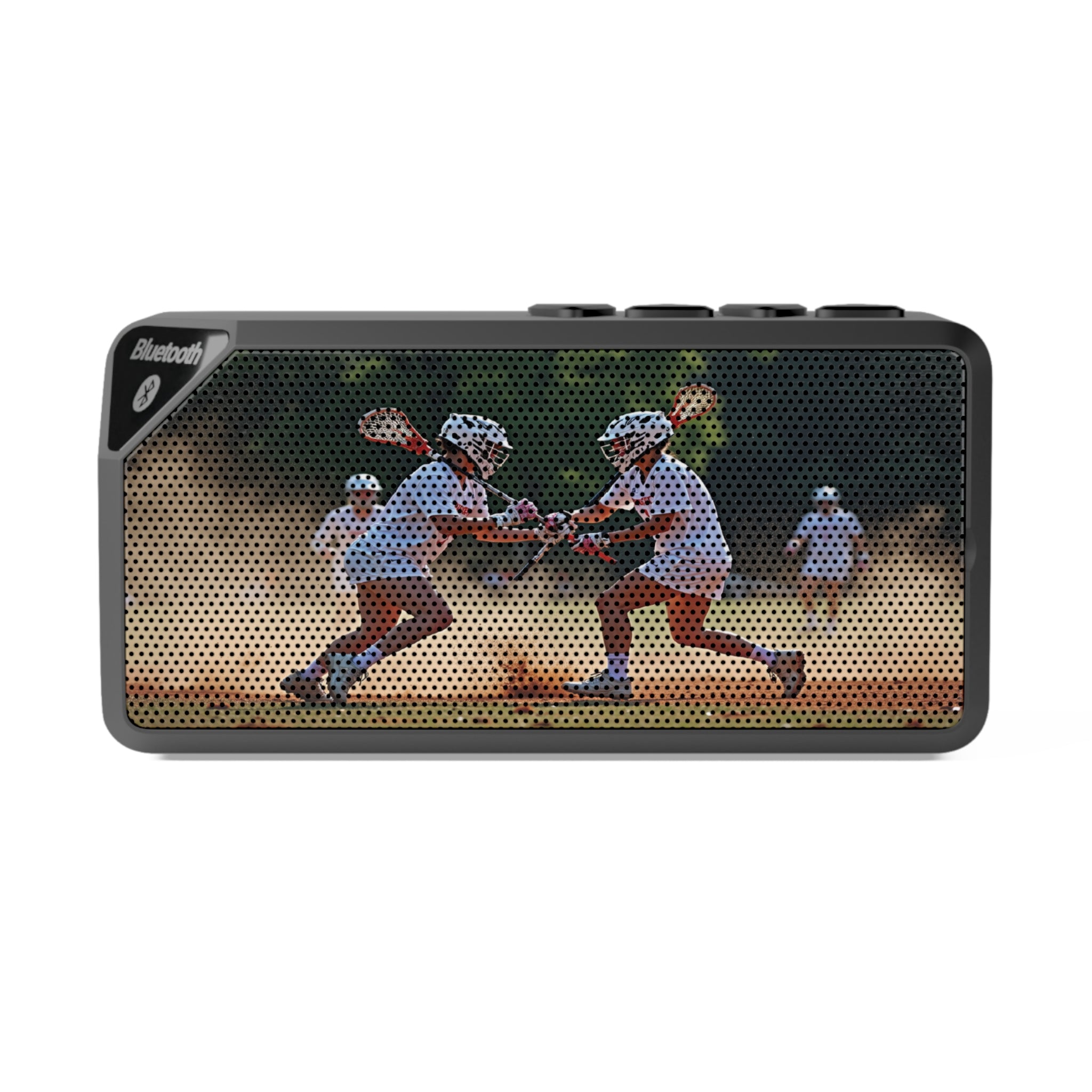 Bluetooth speaker with a design of lacrosse players running on a field