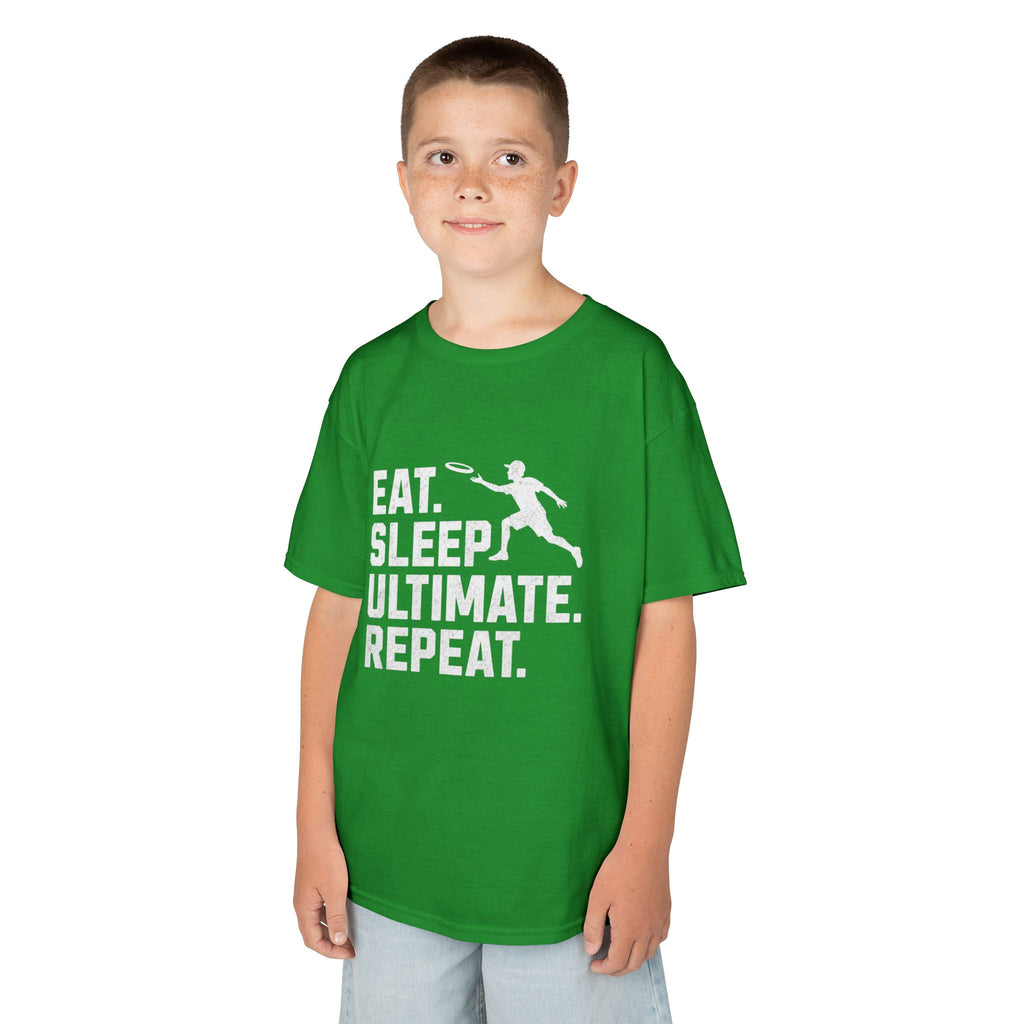 Child wearing a green t-shirt with 'Eat. Sleep. Ultimate. Repeat.' text and graphic on a white background