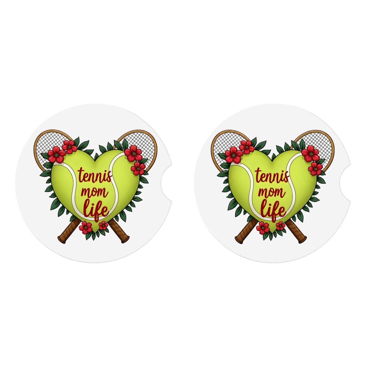Tennis Mom Car Coasters – 2 Pack Ceramic Absorbent Cup Holder Inserts with Cork Base - Magnolia Wild SC