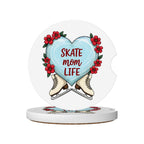 Heart-shaped car coaster with ice skates and 'Skate Mom Life' text on a white background