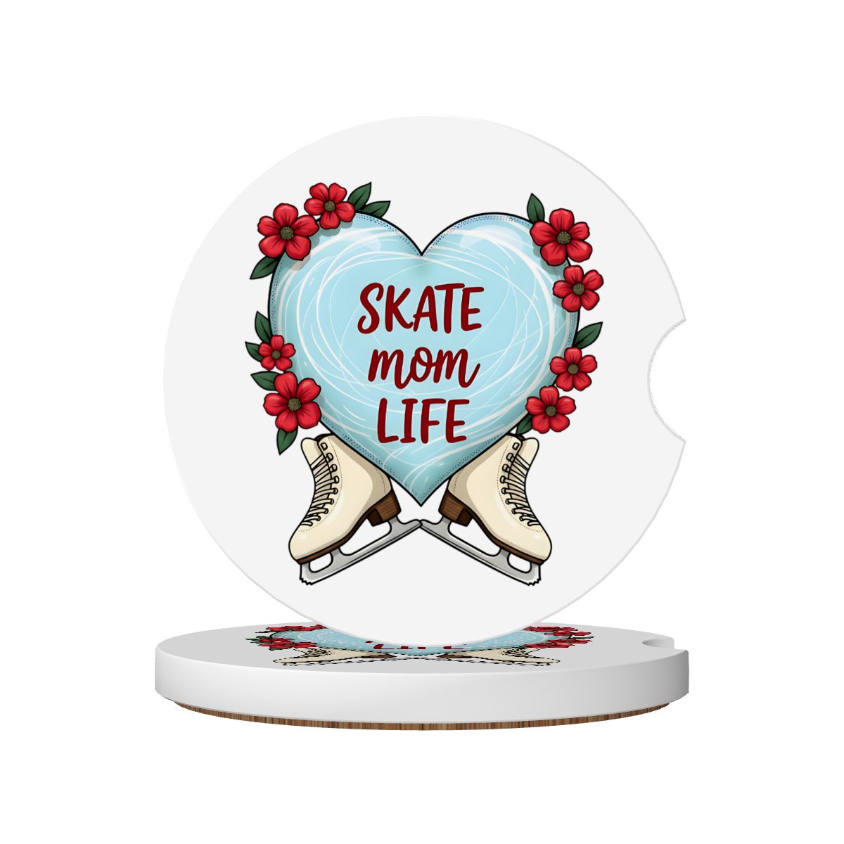 Heart-shaped car coaster with ice skates and 'Skate Mom Life' text on a white background