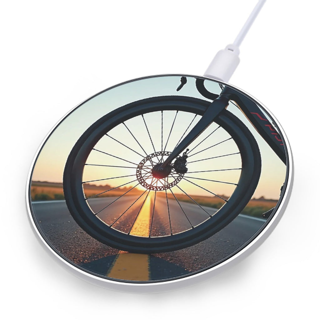 Wireless charger with bicycle wheel design on a white background