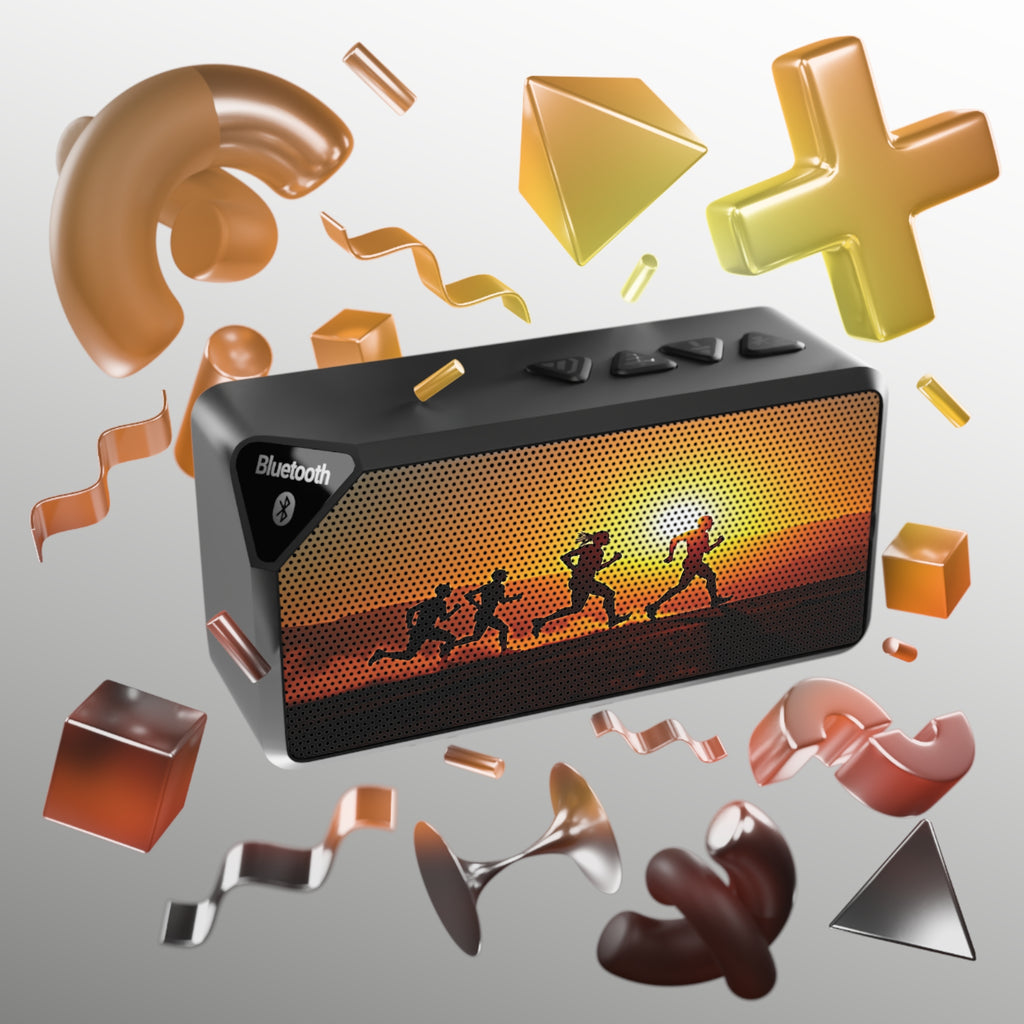 Black Bluetooth speaker with colorful abstract shapes on a gray background
