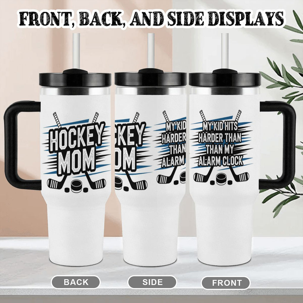 "My Kid Hits Harder Than My Alarm Clock" Hockey Mom 40oz Tumbler with Handle and Straw - Magnolia Wild SC