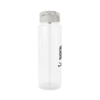 Clear water bottle with a silver cap on a white background