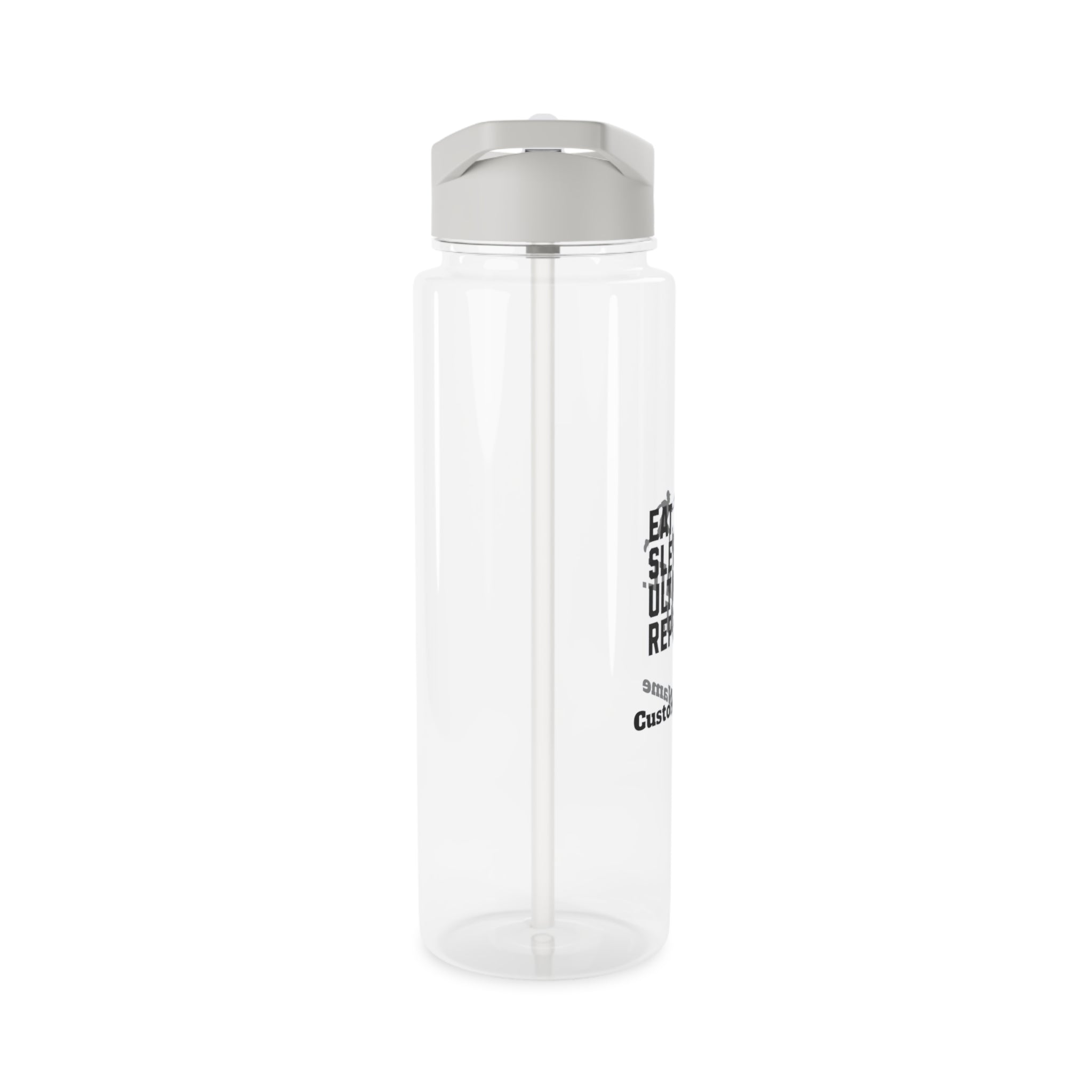 Clear water bottle with a silver cap on a white background