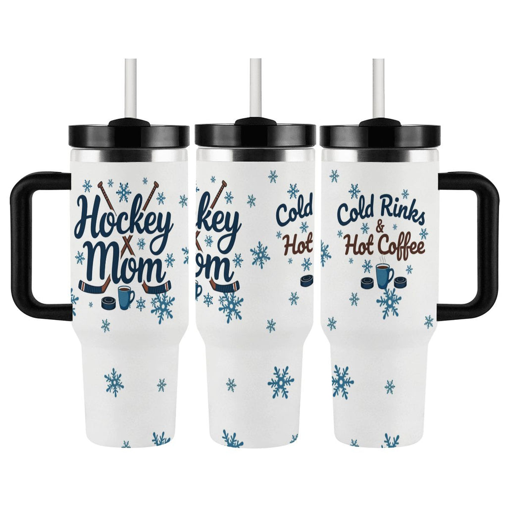 Three views of a travel mug with 'Hockey Mom' and 'Cold Rinks & Hot Coffee' designs on a neutral background with snowflakes.