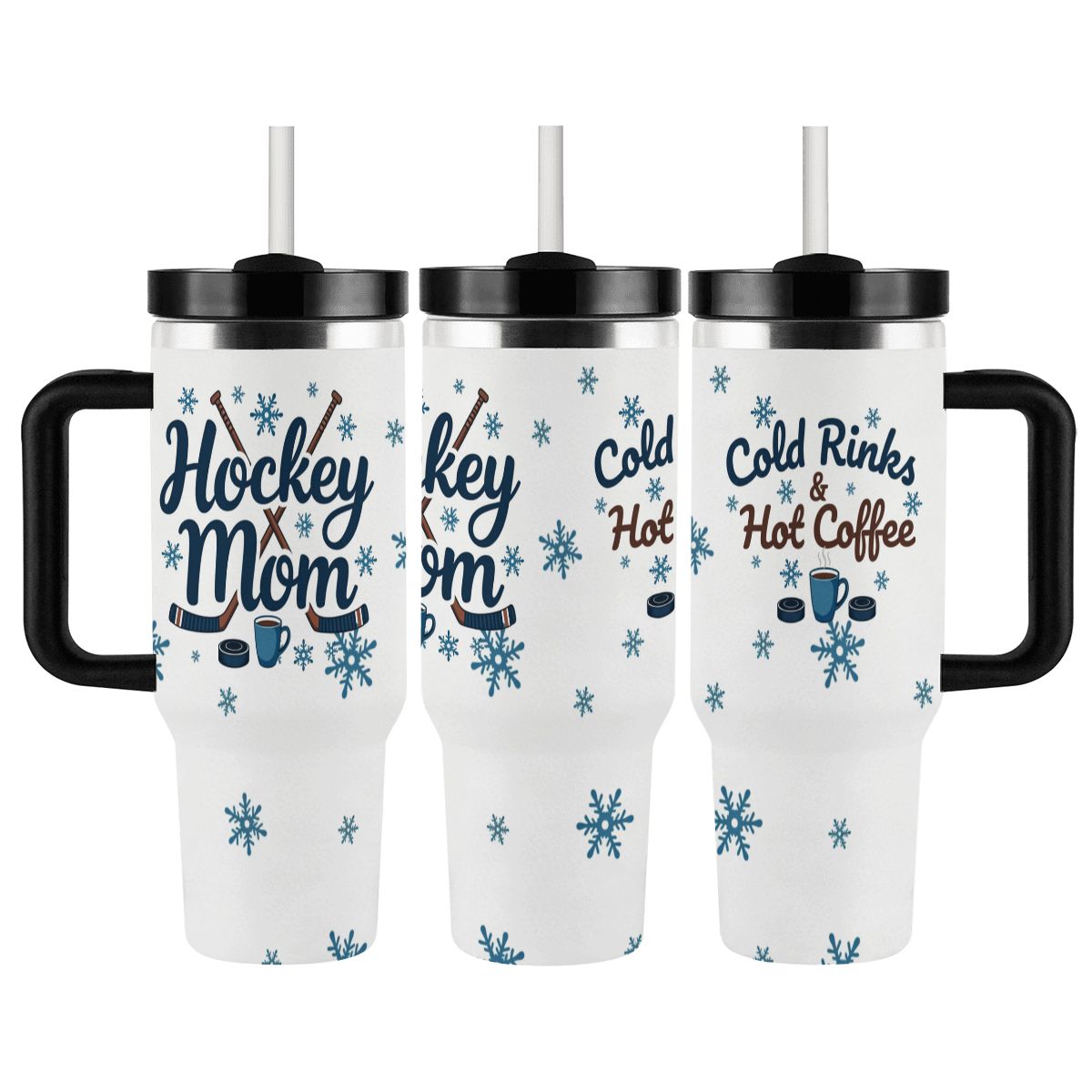 Three views of a travel mug with 'Hockey Mom' and 'Cold Rinks & Hot Coffee' designs on a neutral background with snowflakes.