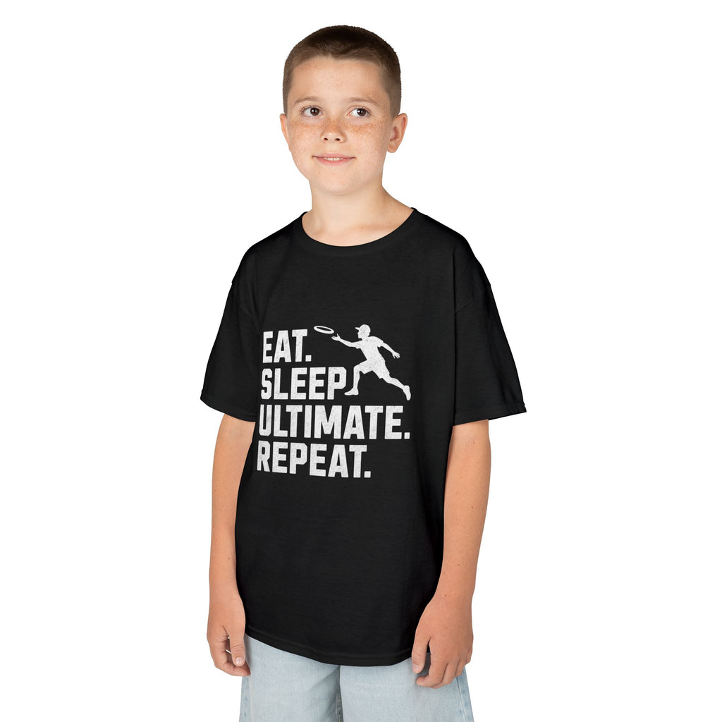 Child wearing a black t-shirt with 'Eat. Sleep. Ultimate. Repeat.' text and graphic on a white background