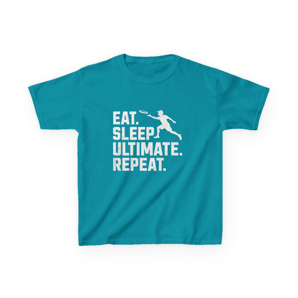 Teal t-shirt with white graphic and text 'Eat. Sleep. Ultimate. Repeat.' on a white background
