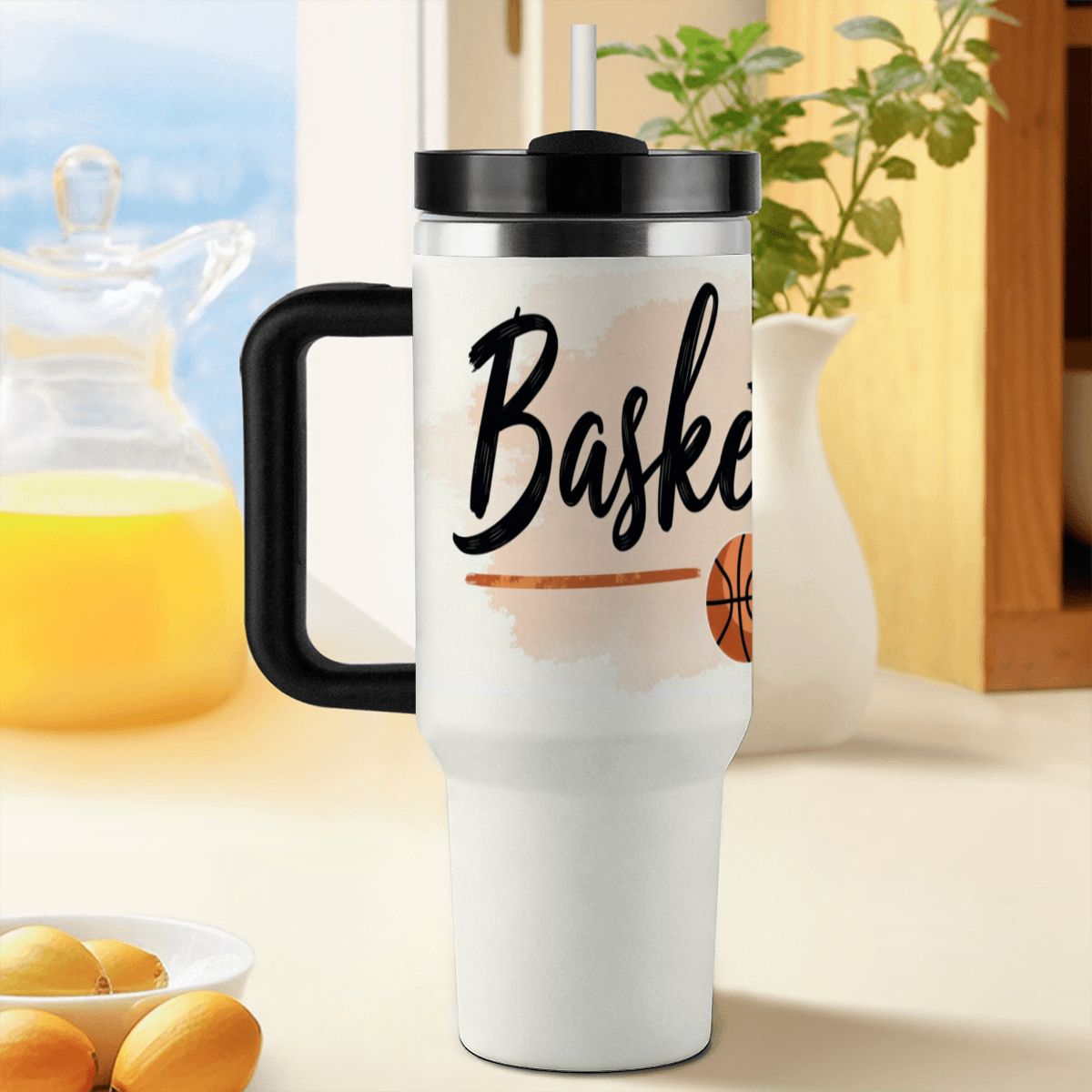 Elegant Watercolor Basketball Mom 40oz Insulated Tumbler with Handle and Straw - Magnolia Wild SC