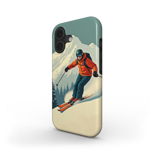 Phone case with a vintage skier design on a white background