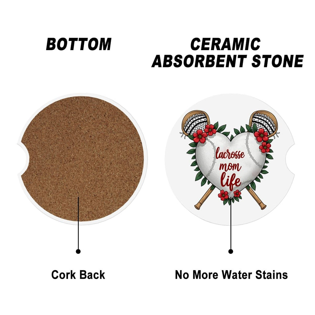 Lacrosse Mom Car Coasters – 2 Pack Ceramic Absorbent Cup Holder Inserts with Cork Base - Magnolia Wild SC