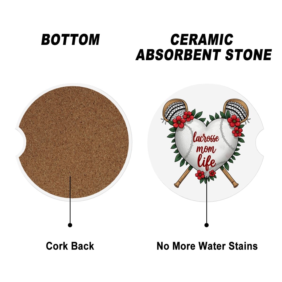 Lacrosse Mom Car Coasters – 2 Pack Ceramic Absorbent Cup Holder Inserts with Cork Base - Magnolia Wild SC